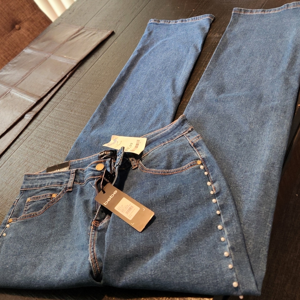 bebe Straight Leg Jeans with Pearl Embellishsments.